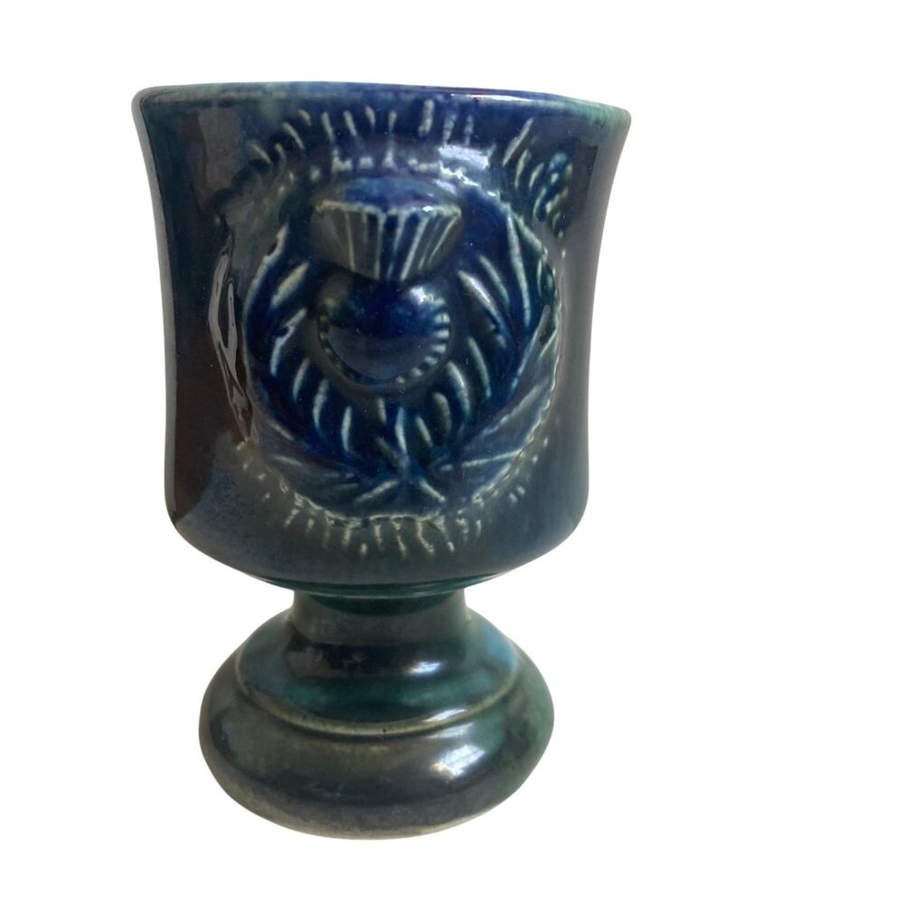 Vintage Thistle Goblet Crest Ceramics Scotland Blue Green Mini Vase Mid Century